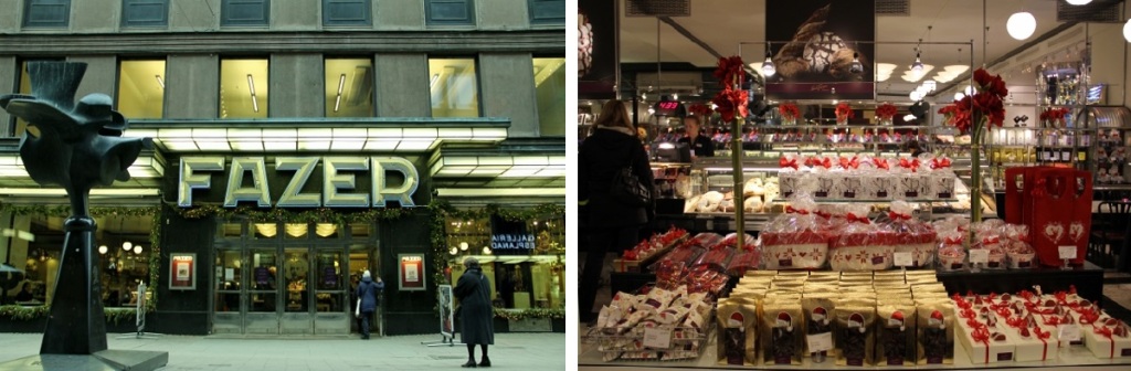 左：現在でも、ヘルシンキ中央に軒を構えるファッツェルカフェ 右：こちらでもクリスマス前には、様々なデコレーションパッケージに入ったチョコレートが店頭を飾ります