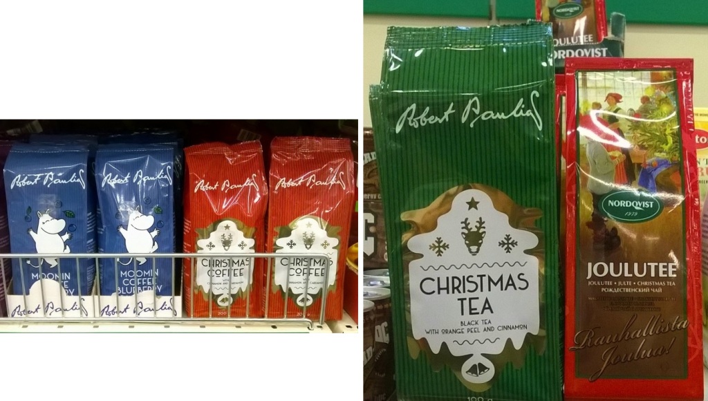 左：ロバーツカフェの「ムーミンウィンターコーヒー」（左）と「クリスマスコーヒー」（右） 右：ロバーツカフェの「クリスマスティー」（左）とムーミン紅茶で有名なNORDQVIST社の「ヨウルテー」（右）
