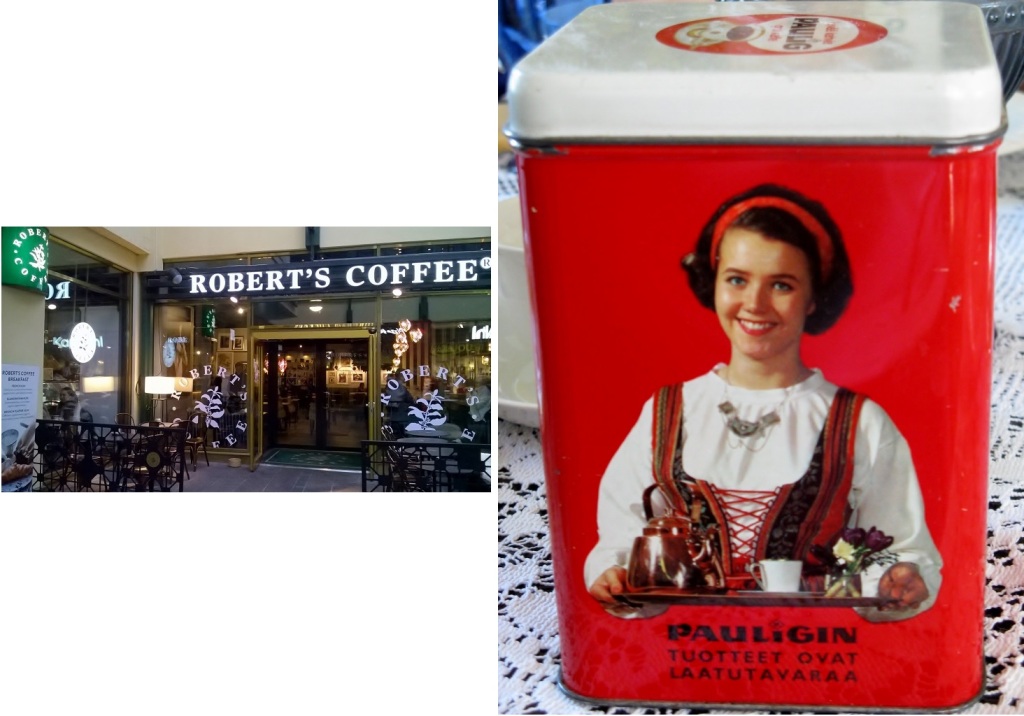 左：ヘルシンキのシティーセンター内にあるロバーツカフェ。フィンランドのスターバックス的存在 右：コレクターも多いパウリグ社のレトロなコーヒー缶。こんなアイテムからもフィンランド人のコーヒーに対する思い入れが垣間見られる