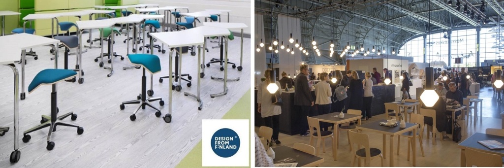 左「デザイン・フロム・フィンランド」のコーナーで話題の「イロア・ワン（ILOA One）」。フィンランドの学校で使われている、姿勢が正しく座れるデザイン・チェア（提供：myKolme Design） 右：おしゃれなカフェやレストランで、ちょっと一息つくのもまた楽し（Messukeskus / Habitare2015）